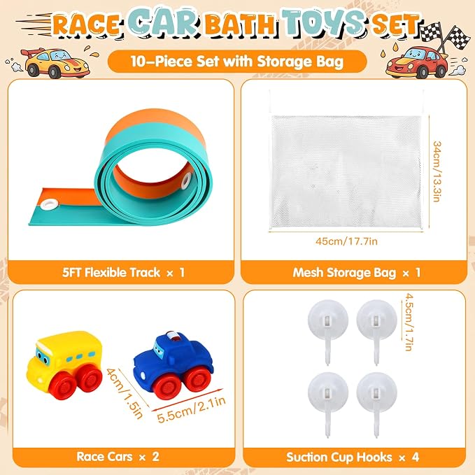 Race Car Bath Toy Set, 8-Piece Long Flexible Dual-Color Bathtub Track Set with 2 Mini Cars, Mesh Storage Bag, 4 Strong Suction Cups– DIY Bathtub Water Slide Toys for Kids