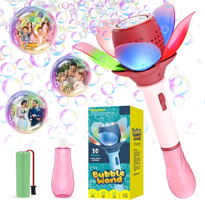 Panamalar Electric Bubble Wand for Kids, Light Up Automatic Bubble Machine Blower with Lights/10000+ Bubbles/120ml Solution, Rechargeable Flower Bubble Wand Maker Toys for Outdoor Party Wedding