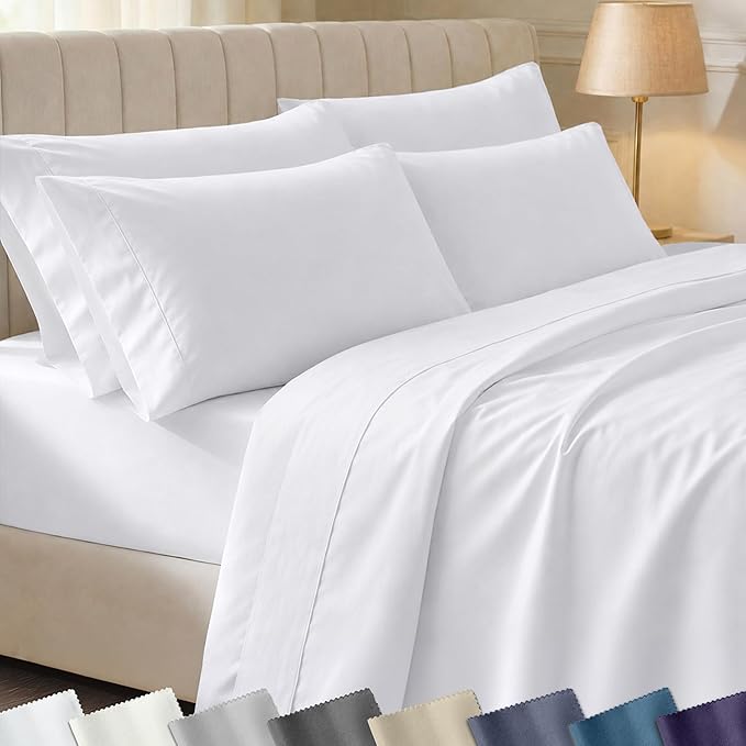 California Design Den 6 Pc Queen Size Sheet Set with 4 Pillowcases - Soft 400 Thread Count 100% Cotton Sheets, Sateen, Deep Pockets with All Around Elastic, Durable Bedding Set - White