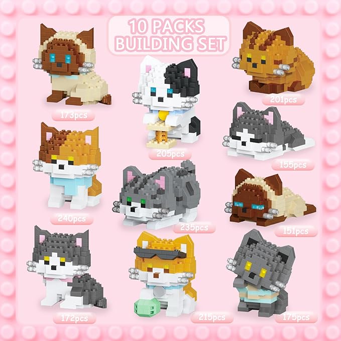 10 Packs Mini Building Blocks Cats Set, Cat Building Kit Party Favors Toy, Interlocking Bricks, DIY Animal Figure Creative Birthday Gifts