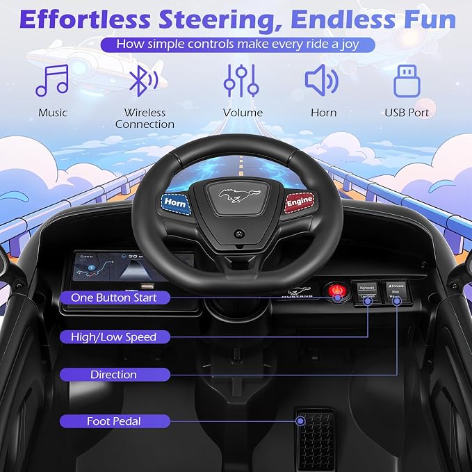 Costzon Ride on Car, 12V Licensed Ford Mach E Kids Electric Vehicle with Parent Remote, LED Lights, Horn, Music, Wireless Connection & Spring Suspension, Kids Car Toy for Girls Boys (Deep Black)