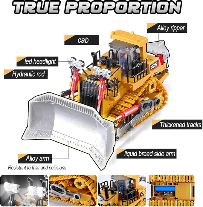 RC Bulldozer Toy for Kids,1:24 Scale 9-Channel Remote Control Track-Type Dozer with Light& Sounds,2 Rechargeable Batteries Dozer Construction Vehicle Toy for Boys Gift