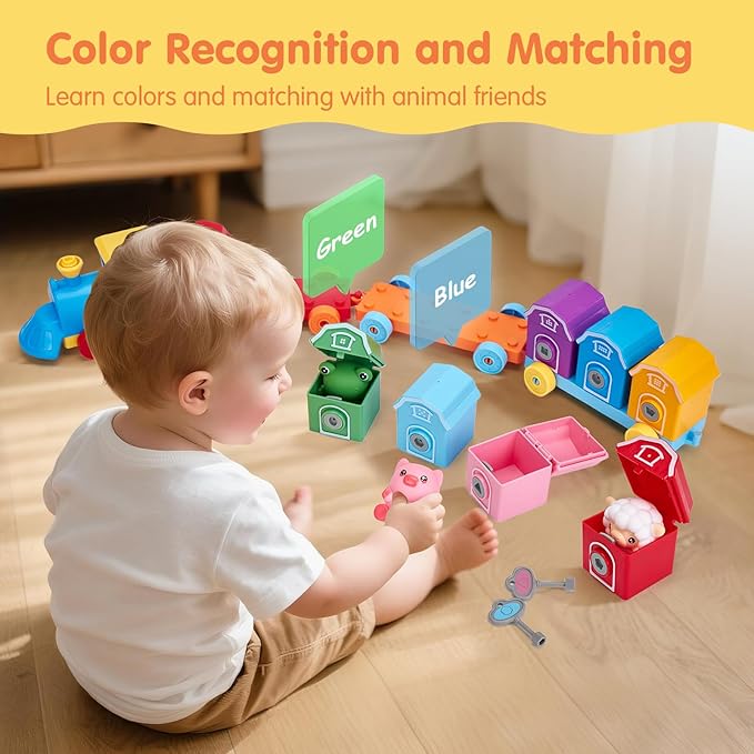 hahaland Toddler Learning Toys for 2 3 Year Old-Counting Matching & Sorting Activity Montessori Train Set with Farm Animals Finger Puppets Keys to Lock and Unlock Barn Birthday Easter Basket Stuffers