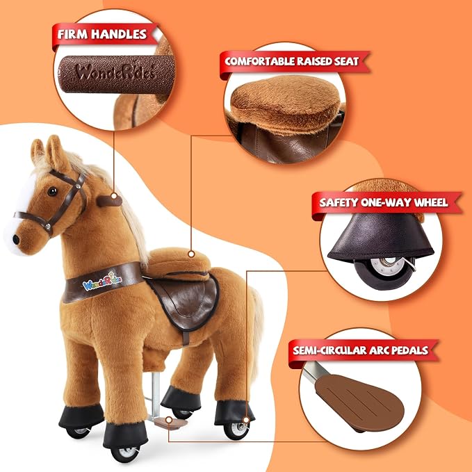 WondeRides Ride on Horse Pony Cycle Riding Horse Toy Size 4 for Age 4-9 M445, 36 Inch Height Riding Pony Ride Plush Giddy up Rocking Mechanical Walking Animal with Wheels No Battery for Child Kids