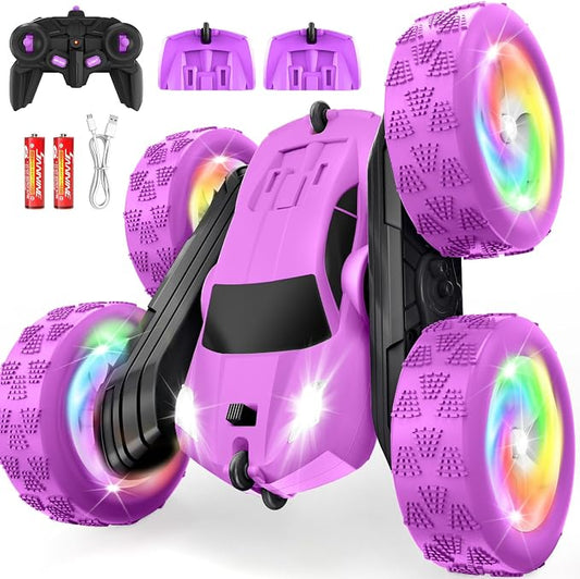 Remote Control Car, Outdoor Toys RC Cars for Kids Ages 6-12, 4WD Double Sided Stunt Vehicle with Upgraded USB-C Modular Batteries, 5 6 7 8 9 10+ Year Old Boy Birthday Purple