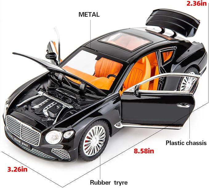 WAKAKAC Compatible for 1/24 Bentley Continental GT Model Car Alloy Diecast Toy Car Collectible Pull Back Toy Vehicles with Sound and Light Door Can Be Opened for Girls Boys Gift(Black)