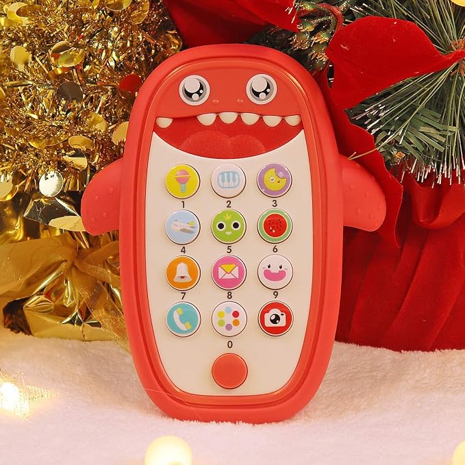Baby Shark Cell Phone Toy Removable Teether Case, Light, Music Adjustable Volume Kid Play Learn Fake Phone Infant Toddler, Preschool Holiday Birthday Present Gift for Girl Boy 12 Months (Red)