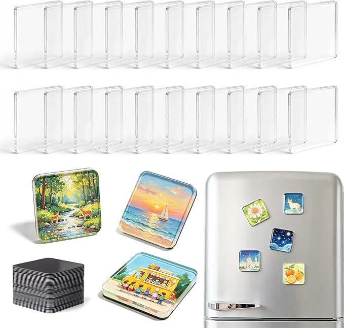 20 Pcs 2x2 Inch DIY Fridge Acrylic Magnet Kit with Strong Adhesive Backing, Square Clear Acrylic Magnetic Set for Crafts, Photo, Kitchen, Cabinets, Party, Classroom & Office