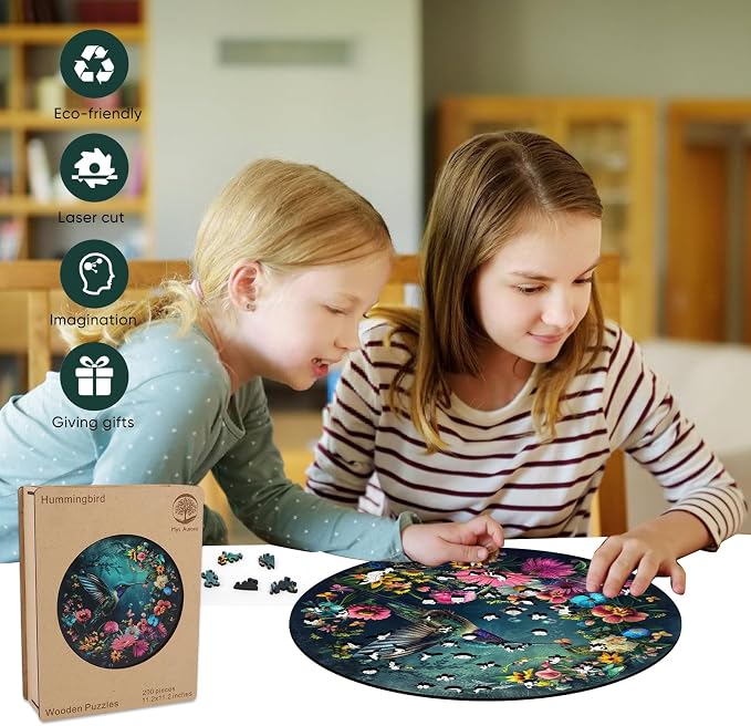 Mys Aurora Wooden Puzzles for Adults, Hummingbird Jigsaw Puzzles 200 Pieces, Unique Shaped Round Flower Puzzles for Adults and Kids, Family Game 11.2 x 11.2 Inch Medium Size