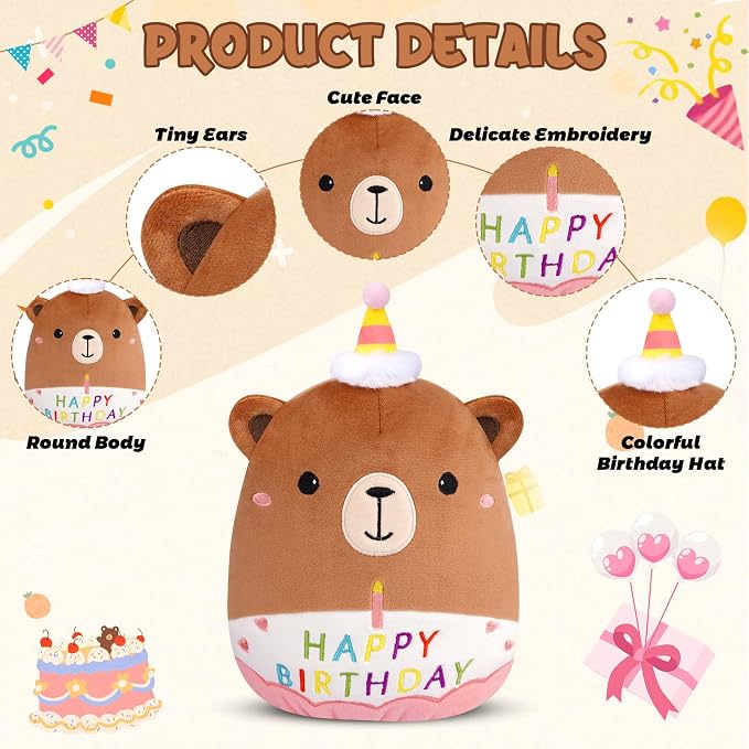 Happy Birthday Teddy Bear Plush - 8inch Birthday Stuffed Animal Bear Plushie Pillows Toys, Soft Doll Gifts Party Decoration for Kids Girls Boys
