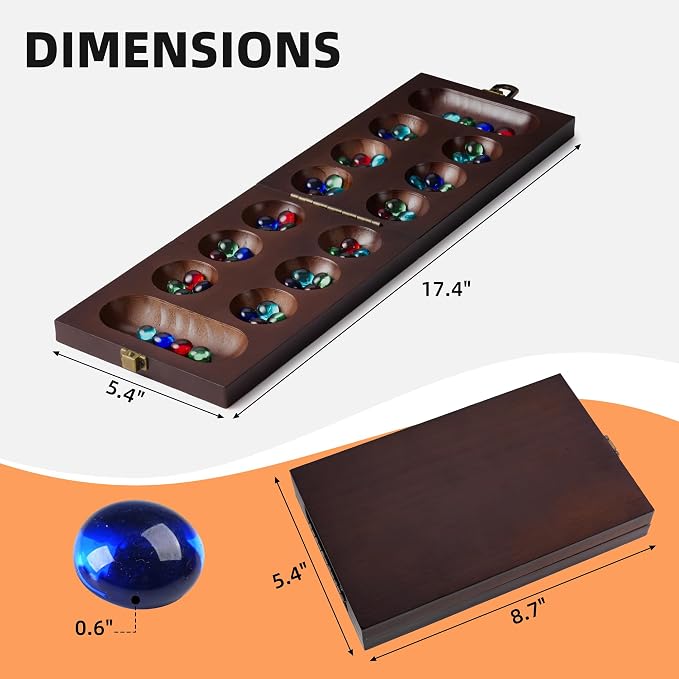 Mancala Board Game – Folding Wooden Travel Set with Locking Metal Latch | Includes 56 Colorful Glass Stones. Classic 2-Player Table Strategy Game. Great For Kids And Adults. Fun For Family Game Night