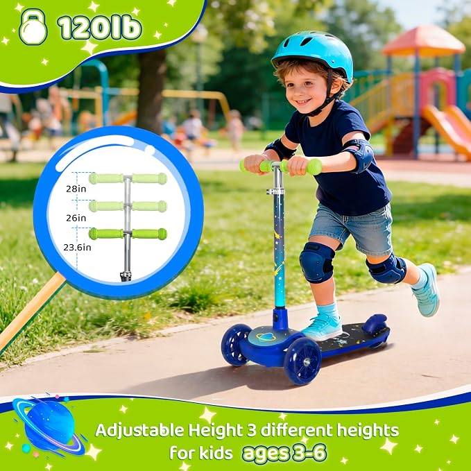 Nattork 3-Wheel Toddler Kick Scooter for Kids Girls Boys – Adjustable Height Scooter with Light-Up Wheels, Anti-Slip Deck, Lean-to-Steer Design for Ages 2-8