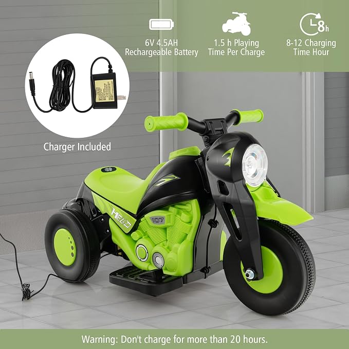 Costzon Kids Motorcycle, 6V Battery Powered Ride on Motorcycle with Bubble Maker, Music, LED Headlight, Forward & Backward, 3 Wheels Electric Motorcycle for Kids, Gift for Boys & Girls (Green)