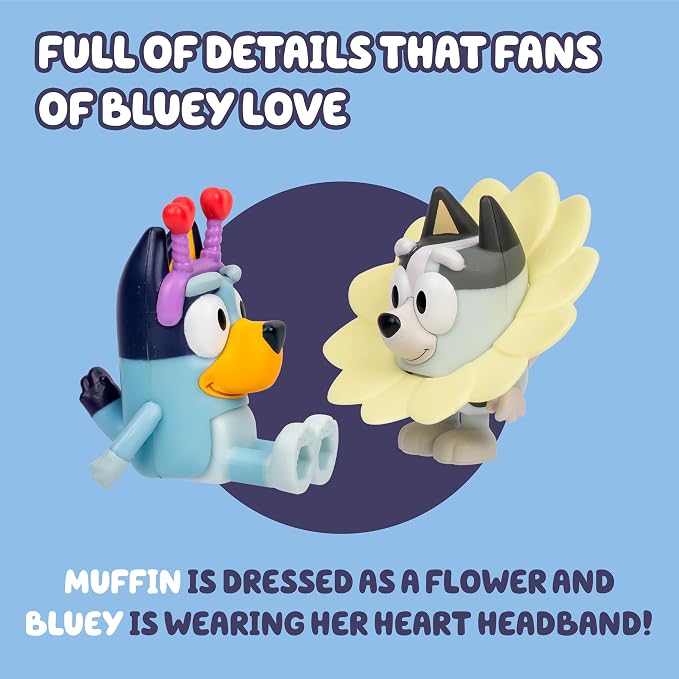 Bluey and Muffin 2-Pack Toy Figure Playset, Spring Time Toddler Figurine Toys Set with Dressup Accessories, Poseable Bluey Figurines for Kids Ages 3-5