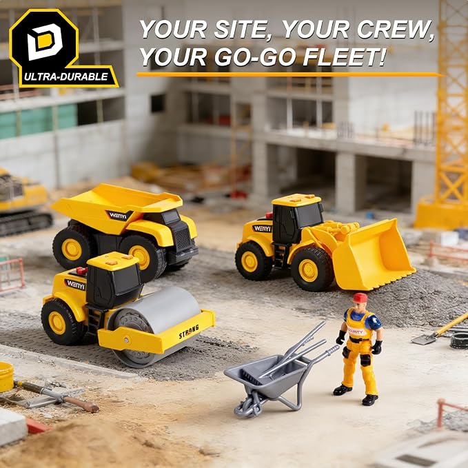 5 PCS Construction Vehicles Toy Set for Kids - Friction Powered Bulldozer, Dump Truck & Road Roller with Lights & Sounds, Sandbox Beach Sand Toys for Toddlers Boys Girls Ages 3-5 4-8, Birthday Gift