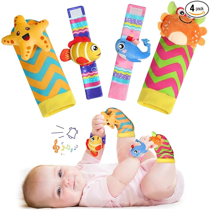URMYWO Wrist Rattles for Baby - Rattle Socks - Foot Finder Set - Baby Toys for 0-12 Months Infant - Newborn Essentials - Early Learning Sensery Toys for Boy Girl as Shower Gifts