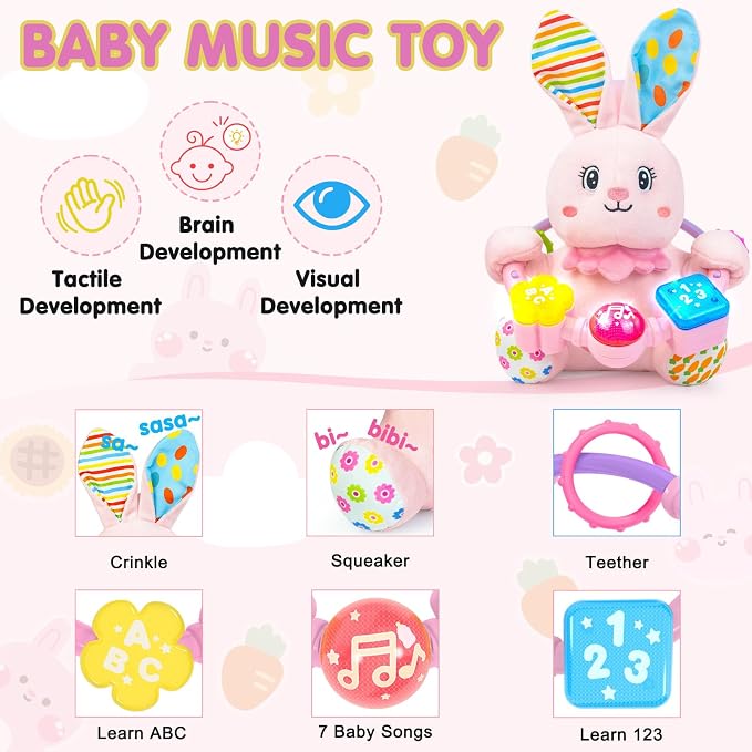 Ryotagift Baby Bilingual Musical Rabbit Stuffed Animals Toys,Infant Early Learning Toy with Light-Up Music & Crinkle,Tummy Time Toys for 0 3 6 9 12+ Months for Baby Boy Girl Easter Gift,Pink