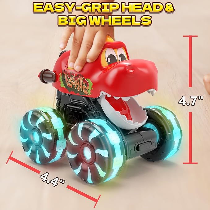 Intoypad Red Chomping Dino Monster Truck Toy – Press and Go Car with LED Light Wheels – Light-Up Push Car for Toddlers Boys Girls Ages 2 3 4 5 – Dinosaur Toy with Moving Mouth Action