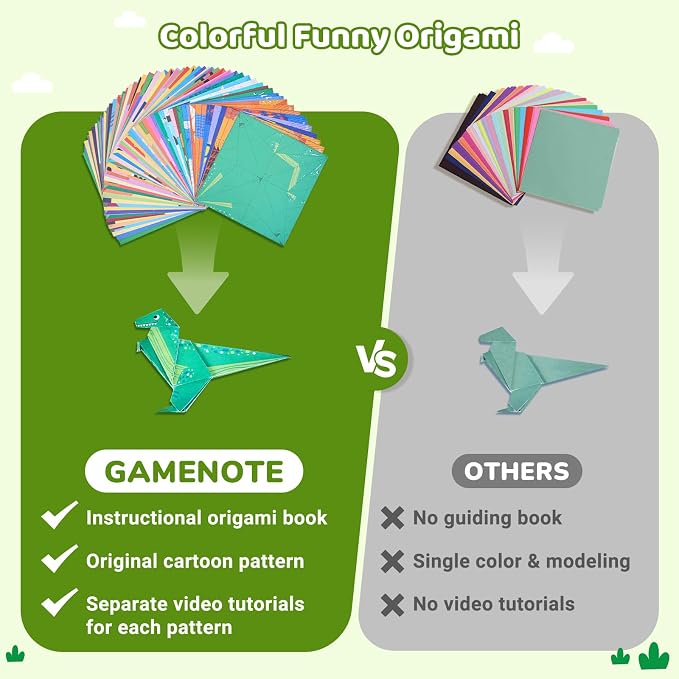 Gamenote Colorful Origami Kit for Kids 72 Projects 180 Double Sided Origami Paper 12 Sheets Practice Papers Instructional Origami Book Origami Gift for 4+ Boys Adult Beginners Training Craft, Dinosaur