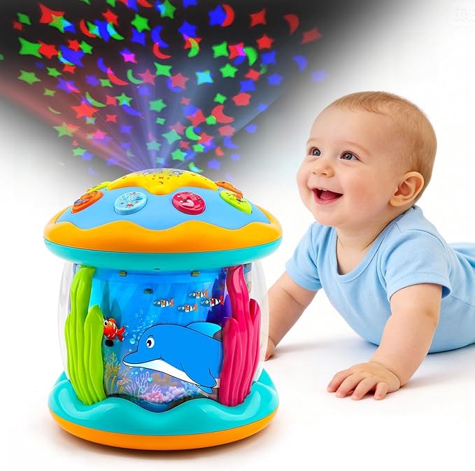 Tsomtto Baby Toys Ocean Projector Rotating Musical Light Up Tummy Time Toys for Infants Baby Aquarium Crawling Toys Newborn Boy Girl Birthday Shower Gifts