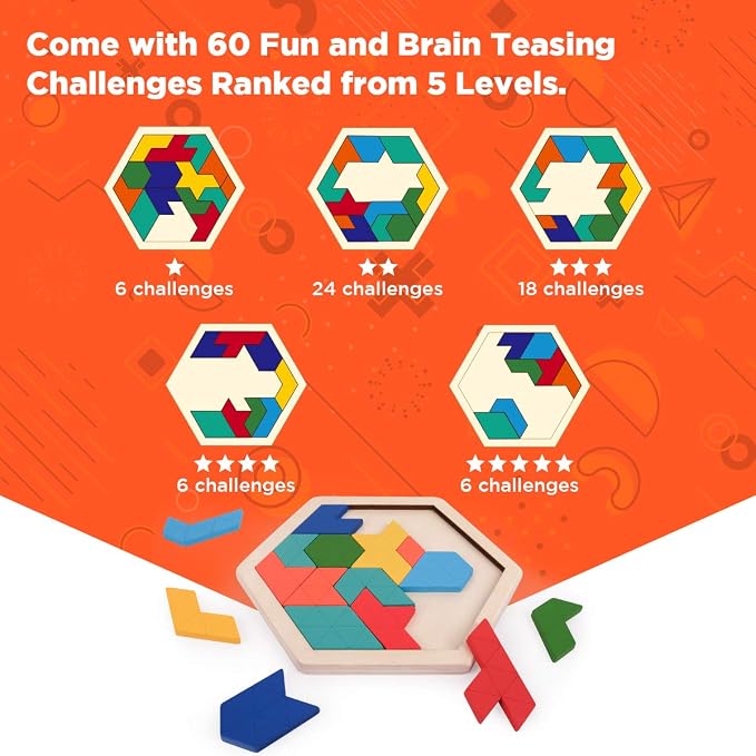 Vanmor Wooden Tangram Puzzle Brain Teaser for Kids Ages 3-8 & Adults, Shape Pattern Block Geometric Logic IQ Game with 60 Challenges, Montessori STEM Educational Gift Toy