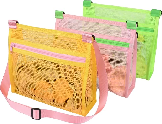 MUYIZI Mesh Beach Bag for Shells Collecting 3 Pack,Sea Shell Bags for Picking Up Shells,Beach Shell Bag for Kids,Shell Bags for Beach, Sand Toys Beach Toys Swimming Accessories for Boys and Girls