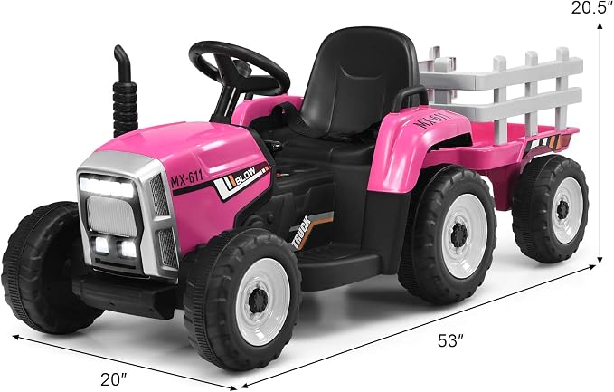 HONEY JOY Ride On Tractor with Trailer, Toddler 3-Gear-Shift Ground Loader, LED Lights, Horn, Music, 12V Battery Powered Electric Toy Tractor with Remote Control (Pink)