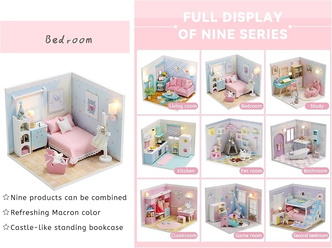 Kisoy Dollhouse Miniature with Furniture Kit, DIY 3D Wooden DIY House Kit A Corner of a Small Apartment Style with Dust Cover & LED,Handmade Tiny House Toys for Kids Adults Gift (Dream Room)