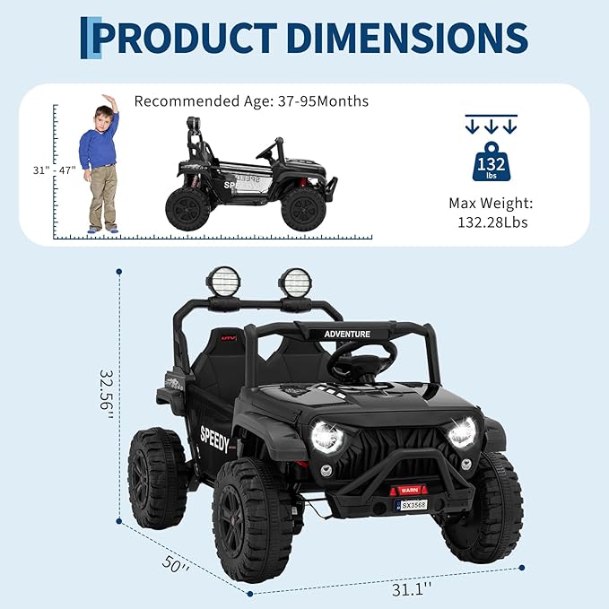 2 Seater Ride on Car for Kids, 24V Ride on Toy, Fast 4.97MPH Truck, 4WD Kids Electric Vehicles with Remote Control, Spring Suspension, Front & Behind LED Lights, Dual Storage, 3 Speeds, Music, Black