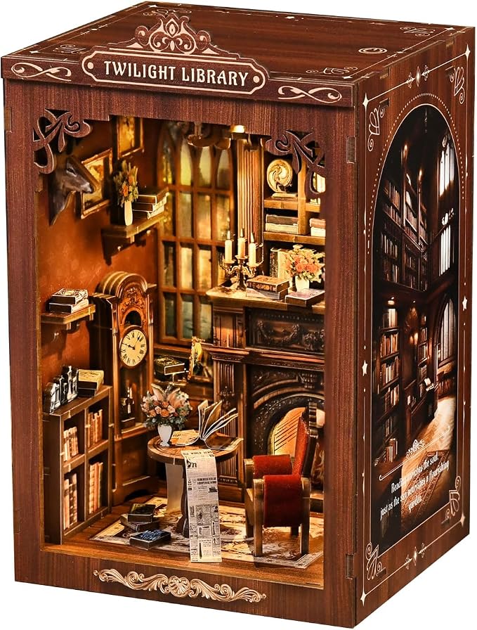 DIY Miniature House Kit, Library Book Nook Kit, 3D Wooden Puzzles Bookshelf Craft Kits, Dollhouse Kit with LED Light, Mini Building Kit for Adults Teen to Build (Twilight Library)