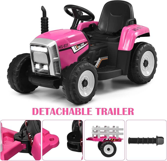 Costzon Ride on Tractor with Detachable Trailer, Kids' Electric Vehicles w/3-Gear-Shift Ground Loader, Wireless Design & USB, 7 LED Headlights, Remote Control Tractor Toy for Kids 3+ (12V, Pink)