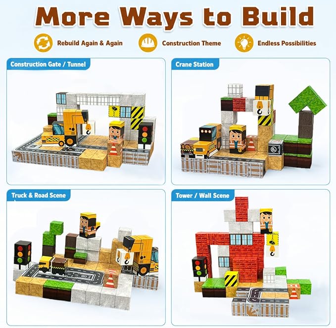 Magnetic Blocks 100PCS Construction Site Set - Build Mine Crane & Truck Magnetic Cubes, STEM Montessori Sensory Toys for Kids 3+, Educational Magnetic Tiles Gifts for Girls & Boys