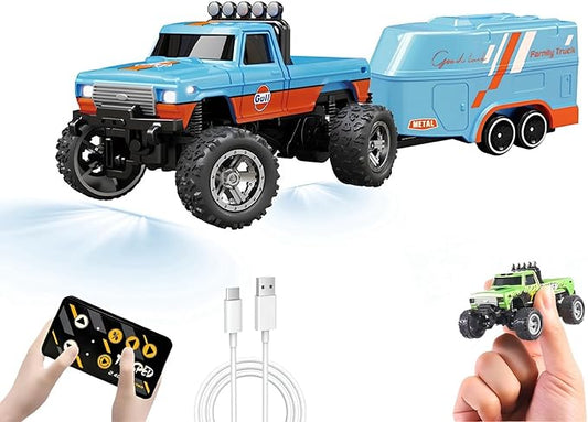 1:64 Scale Mini Remote Control Monster Truck with Trailer | 2.4GHz & App Dual Control, Alloy Mini RC Car with LED Lights, Portable Pocket Toy Car for Kids & Adults, Gift for Boys (Blue-b)