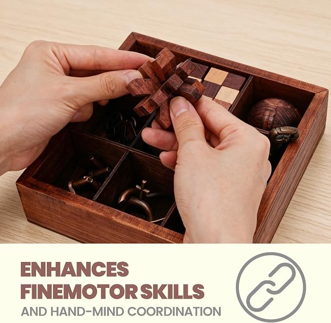 9 Pcs Brain Teaser Puzzles for Adults Teens - Brain Teaser Puzzles with Wooden Box 3D Puzzle Game Toys for Adults Teens - Unlock Interlocking Puzzle Adults Teens IQ Education Smart Toys