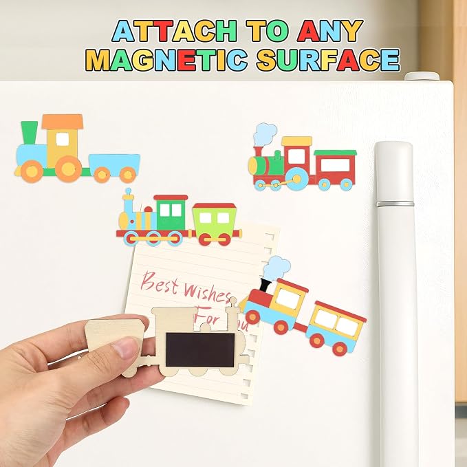 24 Set Train Party Favors, Train Birthday Party Supplies, Wood Trains Painting Crafts Kits, Magnets with Card for School DIY Activity Trains Theme Choo Choo Birthday Party Decor Thank You Gifts