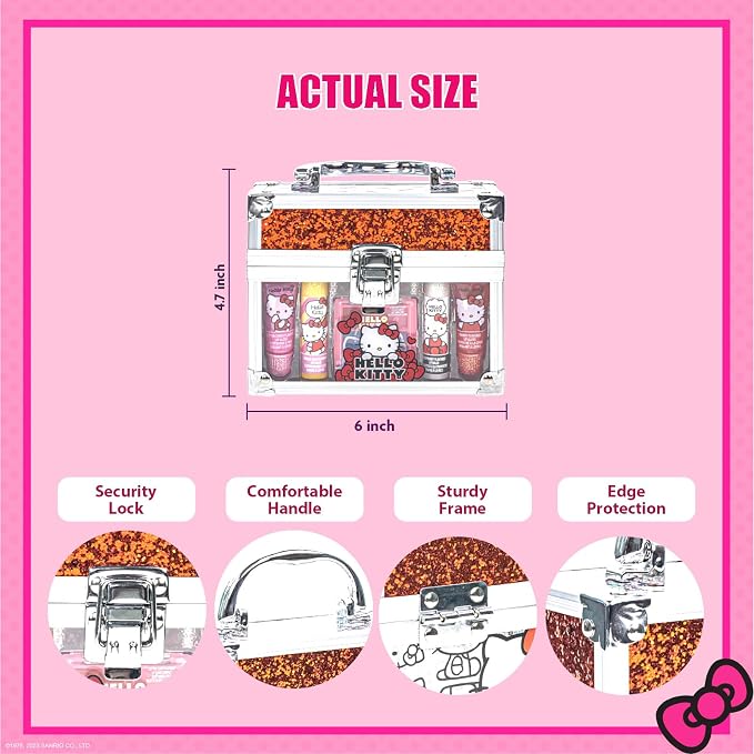 Hello Kitty Beauty Mini Train Case Set Includes Lip Gloss Tube, Lip Balm, Lip Gloss Compact for Girls Party, Sleepovers by Townley Girl