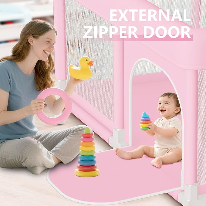 Hiaksedt Large Baby Playpen 74"x50", Baby Girl Play Pen for Babies and Toddlers Pink, Safe Structure and Soft, Skin-Friendly Fabric with Zipper Gates