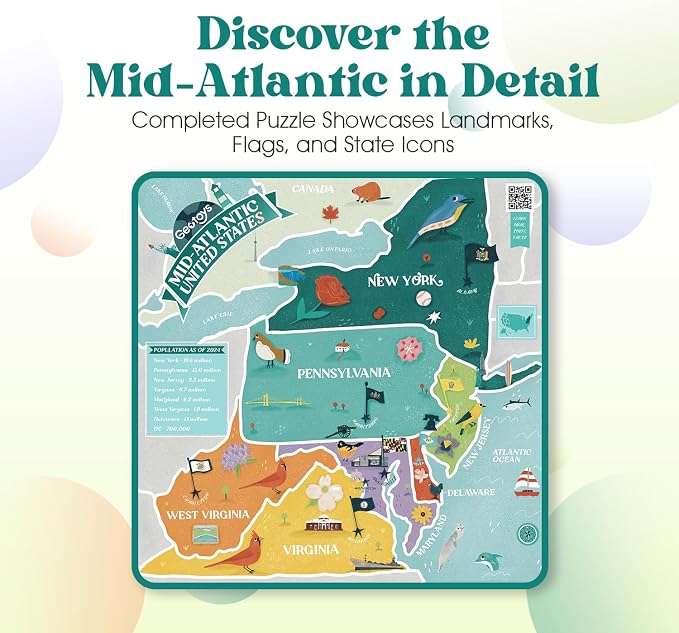 Geotoys Mid-Atlantic Region Jigsaw Puzzle - Educational and Interactive Map Game - 250 Piece Puzzles - Jigsaw Puzzles for Kids Ages 8-12 - Kids Puzzle Games with Colorful Landmarks