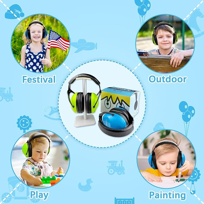 ZOHAN Kids Ear Protection 2 Pack, 25dB NRR Noise Cancelling Headphones for Kids, with Pillowy Pads, for Monster Truck, School, Autism, Sensory, Fireworks, Concerts, Events (Blue+Green)