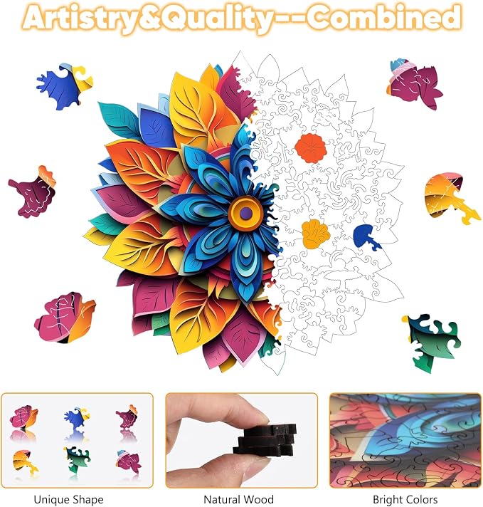 Leodozzio Puzzles for Adults 200 Pieces, Color Flower Wooden Jigsaw Puzzles, 5MM Thick Unique Plants Shaped Wooden Puzzle, Birthday Gift Family Game, 11.3x11.4 Inch