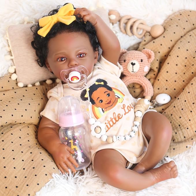 WOOROY Realistic Reborn Baby Dolls Black - 18 Inch Real Life Baby Doll African American with Rooted Curly Hair, Lifelike Awake Newborn Soft Cloth Body Poseable, Complete Gift Set for Kids Age 3+