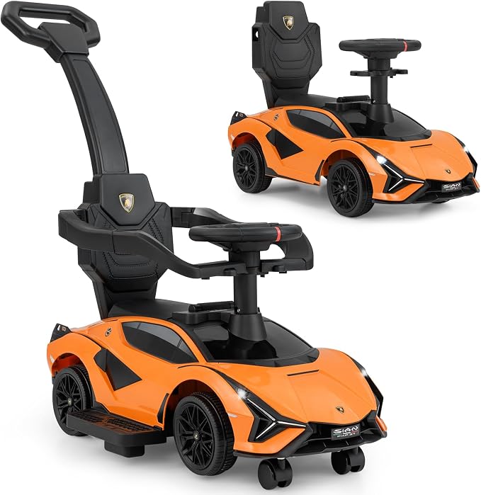 INFANS 3 in 1 Ride on Push Car, Licensed Lamborghini Baby Stroller Sliding Walking Car with Parent Control Handle, Music, USB, Headlight, Under Seat Storage, Foot-to-Floor Toy 18-60 Months (Orange)