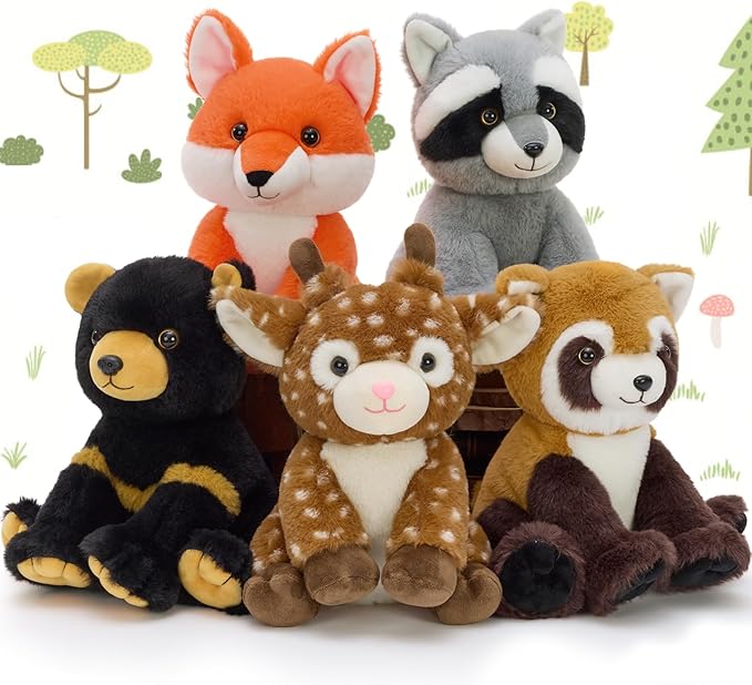 MaoGoLan 5 Pcs Woodland Animals Bulk Stuffed Woodland Toys Baby Shower Party Decorations, 8'' Grizzly Bear Deer Fox Raccoon Red Panda Forest Party Favors Gifts Mother's Day