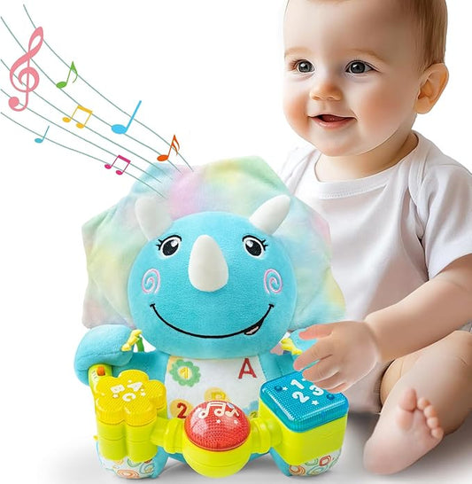 Ryotagift Baby Bilingual Musical Dinosaur Stuffed Animals Toys,Infant Early Learning Toy with Light-Up Music & Crinkle,Tummy Time Toys for 0 3 6 9 12+ Months for Baby Boy Girl Gift