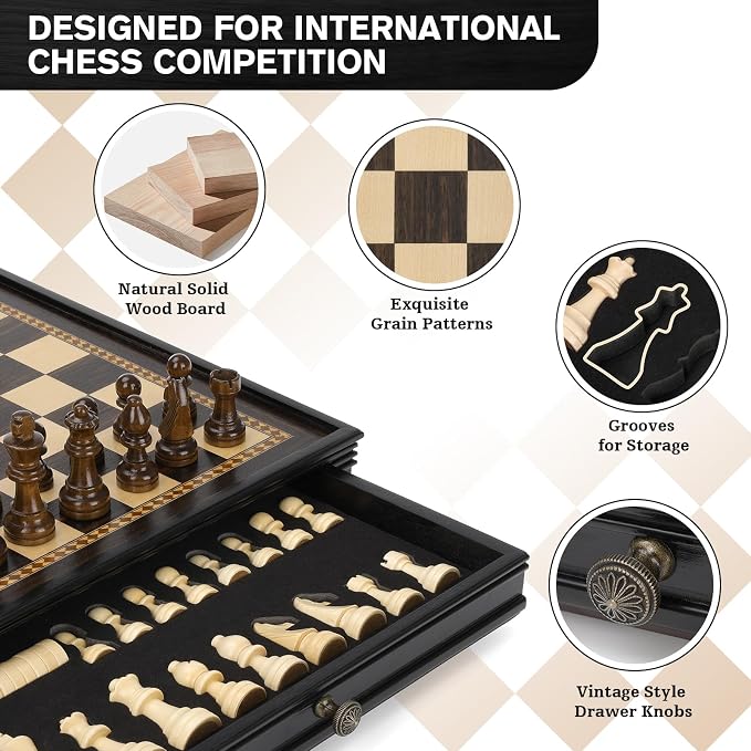 Peradix Magnetic Chess and Checkers Set with 2 Built-in Storage Drawers, Classic 2 in 1 Wooden Board Games, Magnetic Chess Pieces 2 Extra Queens, 12.8" Chess Set for Adults and Kids Gift Package