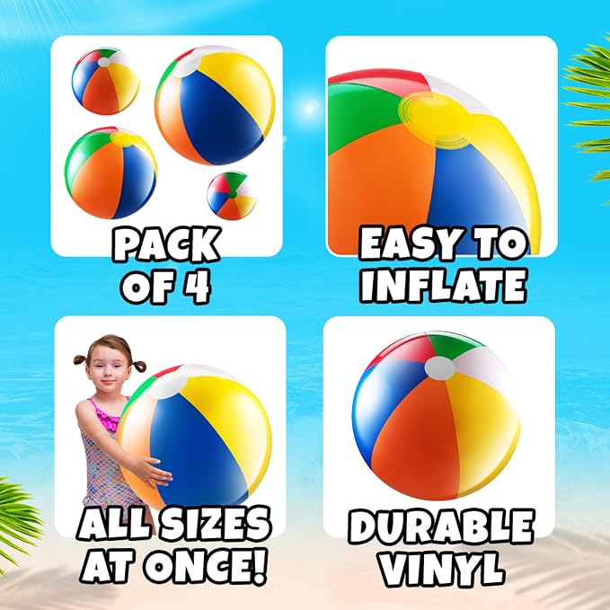 4-pcs Assorted Sizes Inflatable Beach Balls - Small & Large Rainbow Beach Balls For Kids In 6", 12", 16", 24" Sizes - Colorful Blow Up Pool Toys For Beach Games, Summer Party Decoration & Outdoor Fun