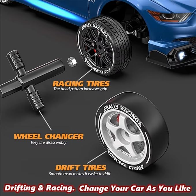 1:24 Scale RC Drift Car 4WD 2.4GHz 30KM/H High Speed Racing Sport Toy Car with LED Lights, Racing and Drift Wheels(02-Blue)