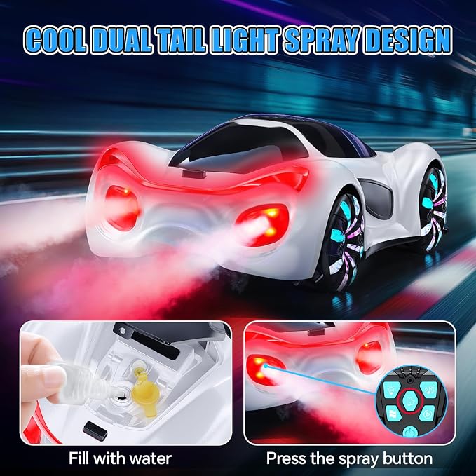 Remote Control Car,RC Cars Boys Toys for 6 7 8 9 10 11 12 Year Old 2.4GHz 360° Rotate RC Cars with Cool Lights, Music & Spray Effects Cool Birthday for Kids & Boys 6-12