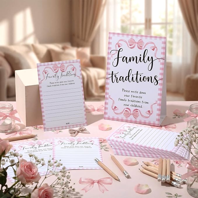 Fumete 61 Pieces Family Tradition Baby Shower Games Include 1 Family Traditions Standing Sign and 50 Activities Cards with 10 Pencils for Gender Reveal Bridal Shower Wedding(Pink,Bow)