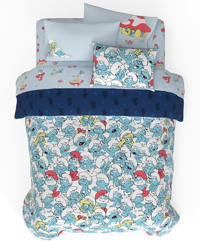 The Smurfs Kids Bedding Super Soft & Cozy Reverisble Microfiber Comforter and Sheet Set with Sham, 7 Piece Full Size, (Officially Licensed Product) By Franco